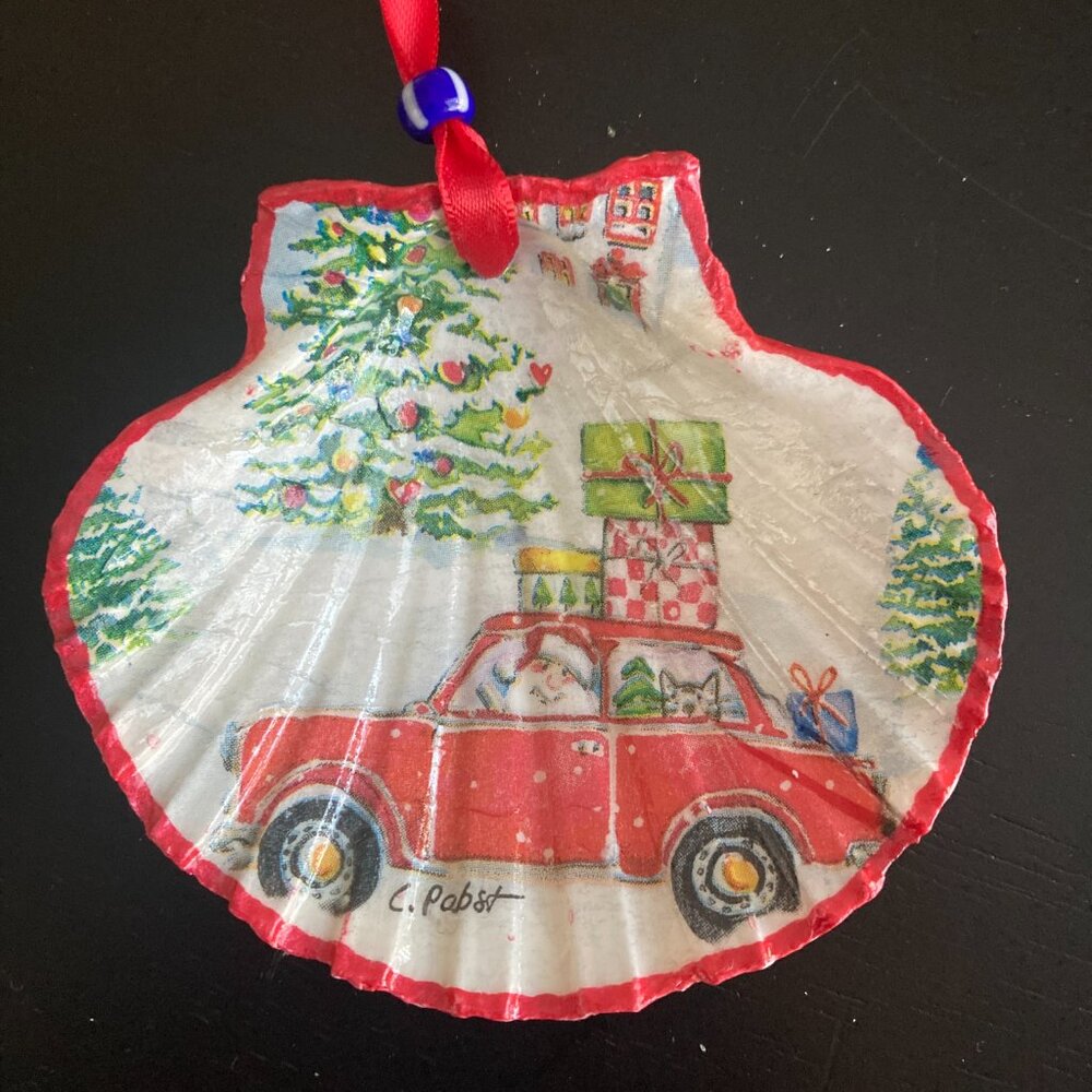 Handmade Santa Christmas Ornament - Decoupaged Scallop Shell